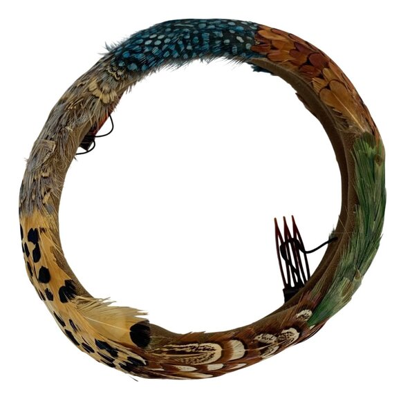 Vibrant Multicolor Pheasant Peacock Feathered Halo Wreath Band Church Derby Hat - Picture 7 of 10